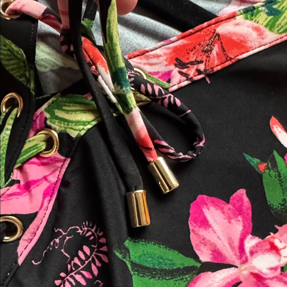 I.N.C. Floral printed lace up Rouched slinky blouse Top Womens L stretch office - Picture 7 of 12